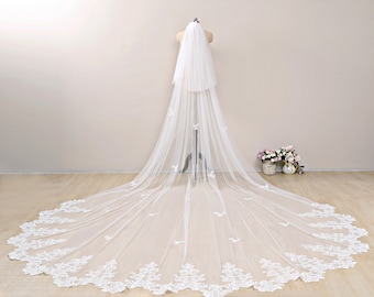 Voile de mariage cathédrale en dentelle florale, fard à joues pour la mariée à deux niveaux, blanc ivoire