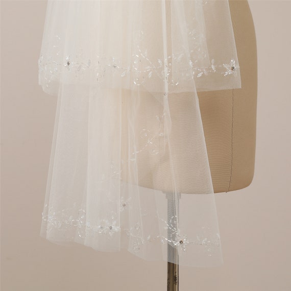 Ivory Tulle Two-Tier Beading Elbow Wedding Veil With Comb Ivory Tulle Two-Tier Beading Elbow Wedding Veil With Comb