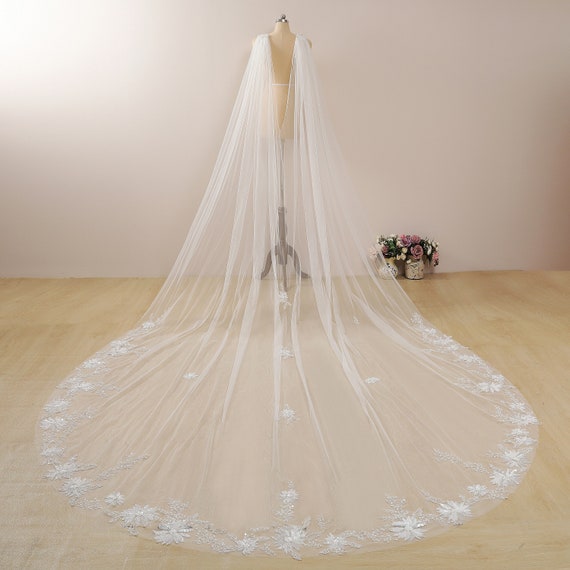 Beaded Trim with Shimmer Cathedral Veil Crystal Trimmed Cathedral Length Wedding Veil – One Blushing  main image 3