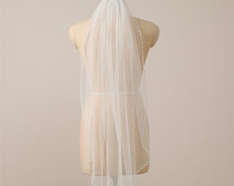 Elegant Bridal Veil Pearl Edge Wedding Veil Single Tier Pearl Veil Fingertip Bridal Veil White/Ivory Drop Veil Simple Tulle Veil Waltz Veil