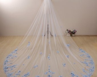 Cathedral Wedding Veil, Floral Blue Lace, Pearl Bridal Veil