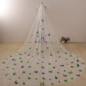 Butterfly wedding veil,bridal veil,3 D butterfly veil,green butterfly veil,long veil,Cathedral wedding veil,Bridal veil,veil with comb