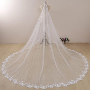 mantilla veil,floral lace veil,veil with beads and sequins,Wedding Veil Cathedral,long veil,Lace-Trimmed Veil,custom length,Bridal lace veil