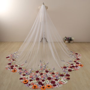 Scallop Veil,Floral Lace Veil,Wedding Veil Cathedral,Bridal Veil,Long veil,flower lace veil,Gorgeous Dense lace applique veil,dramatic veil