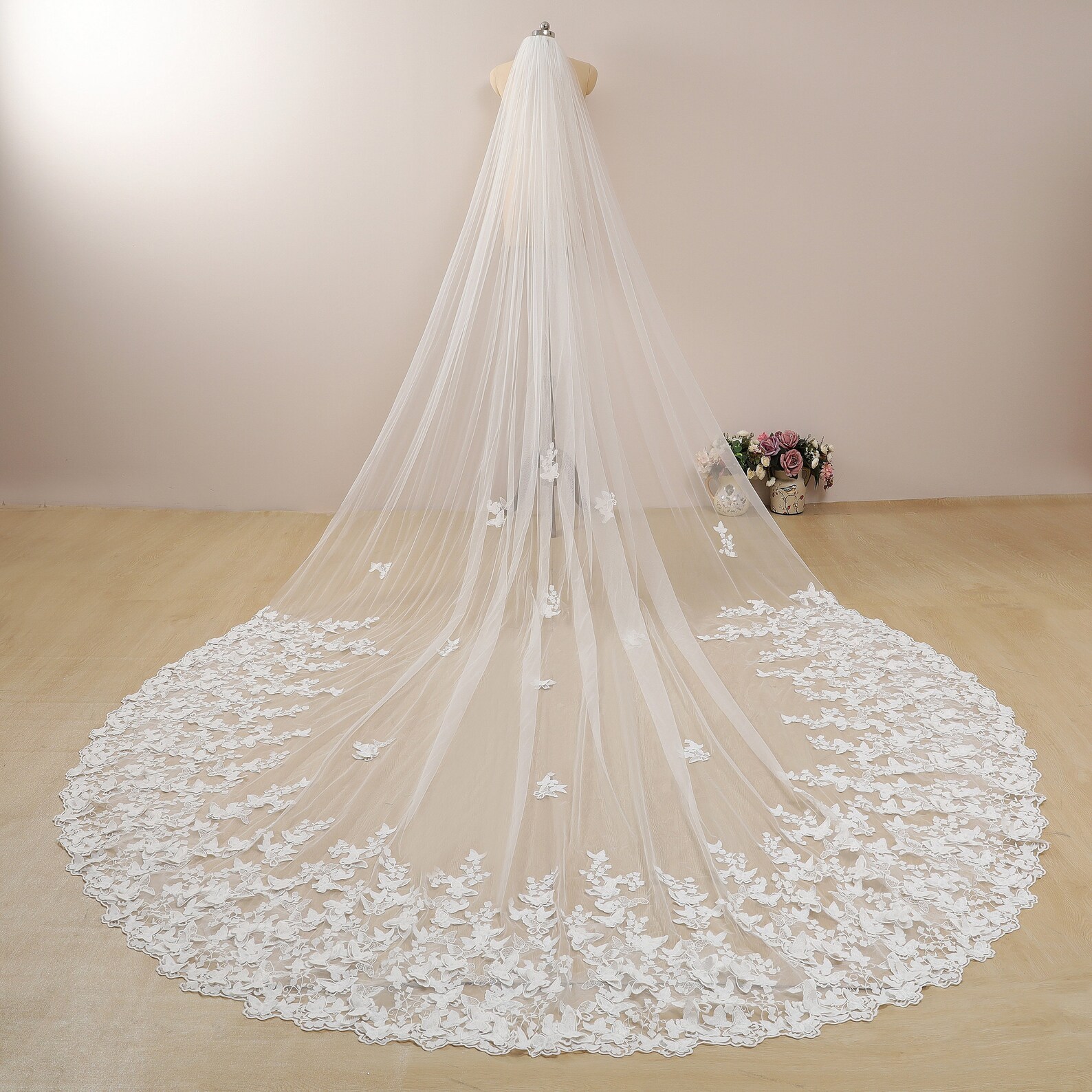 Butterfly Wedding Veil Floral Cathedral Wedding Veil Vintage Etsy UK