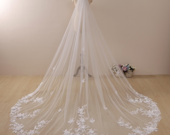 May include: A long, white bridal veil with a delicate floral lace trim. The veil is made of soft tulle and has a cathedral length.