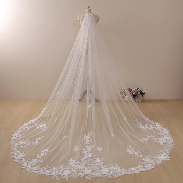 Floral Lace Cathedral Veil with Pearls, Handmade Wedding Veil