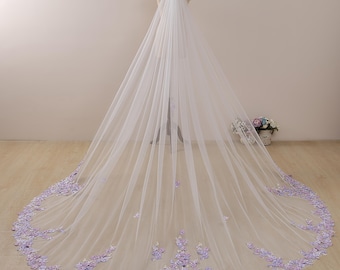 Purple Floral Lace Cathedral Wedding Veil, Ivory Tulle, Pearls