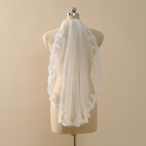 Voile de mariée avec bordure en dentelle, voile de mariée court du bout des doigts, ivoire