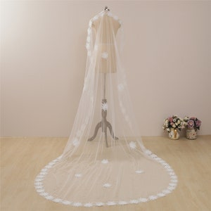 Beautiful Blusher Wedding Veil with Pearls Bridal Veil Flowery Cathedral Lace Applique Veil Floral Bridal Wedding Veil Lace Chapel Veils