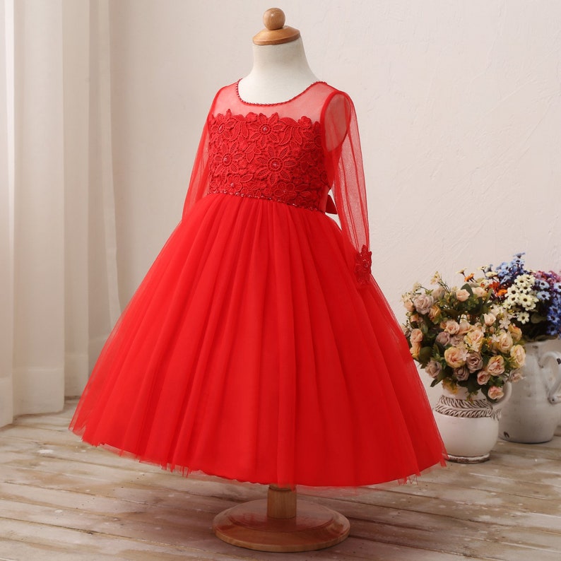 Red Girls Party Dress Flower Girl Dress Long Sleeve Flower Girl Dress Toddler Girls Dress Birthday Party Dress Floor Length Dress Lace