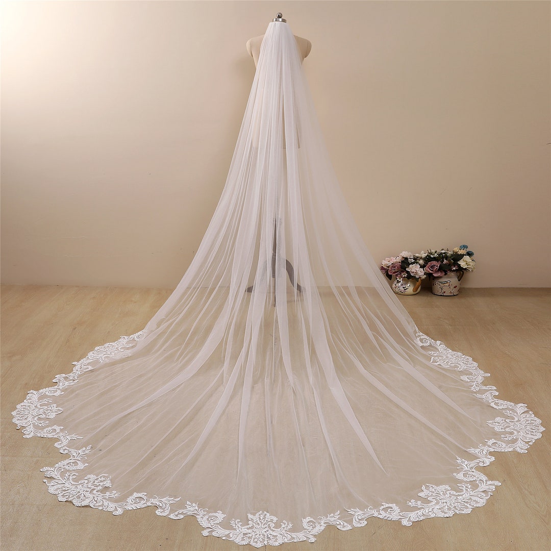 Mantilla Cathedral Long Bridal Veils Full Lace Edge White Ivory Tulle Wedding  Veils With Comb 3 5 Metres Voiles De Mariee Longue - Bridal Veils -  AliExpress