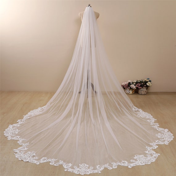 Adora by Simona Wedding Veils - Bridal Lace and 3D Flowers Mantilla Veil - Cathedral Length