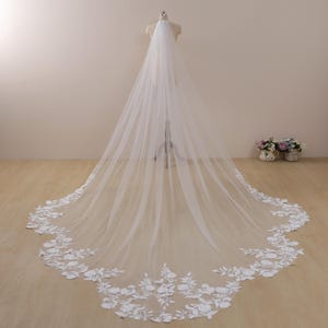 Festlicher Schleier mit floraler Spitze, Schleier mit Pailletten, Brautschleier, Schleier Hochzeit, Hochzeitsschleier, Hochzeitsschleier, langer Schleier