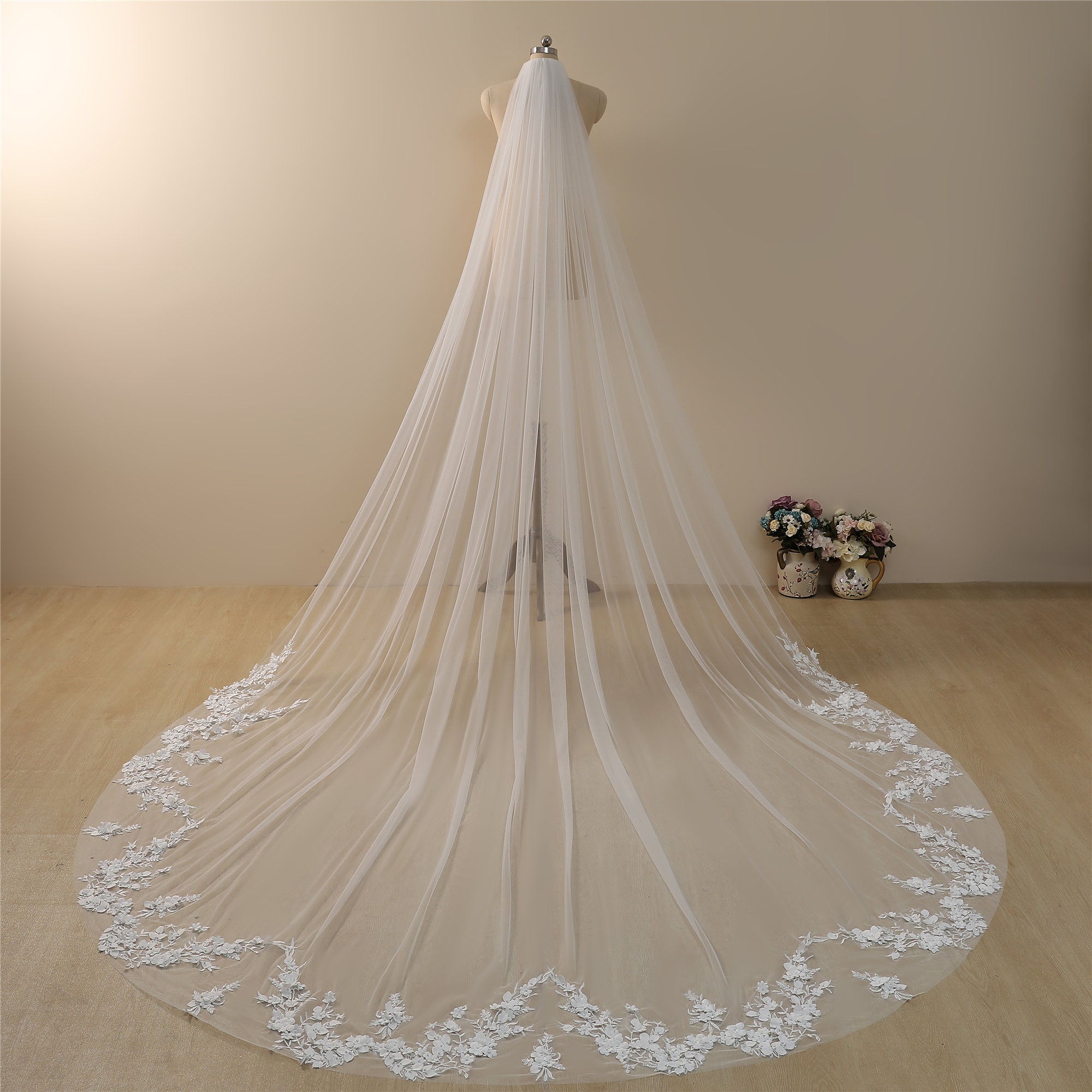 3D floral and lace plus a little beadwork cathedral veil Cathedral Length Bridal Veil With Comb One Layer... From  main image 3