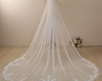 Lace Applique Cathedral Wedding Veil, Soft Tulle, Silver Comb