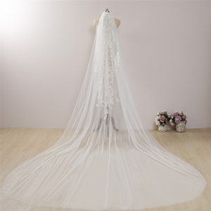 Unique Floral Lace Cathedral Wedding Veil Sparkle Sequin and Lace Veil Soft Drop Veil Simple Soft Tulle Veil Silver Glitter Bridal Veil Long