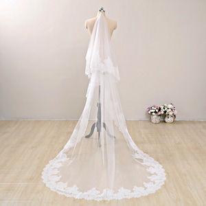 Drop veil,Lace Edge Blusher Wedding Veil, One Tier Cathedral Veil, Ivory Chapel Length Wedding Veil, Lace Edged Chapel Veil, Blusher Veil
