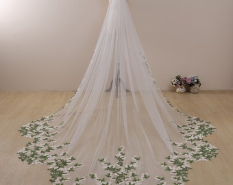 Floral Green Leaves Cathedral Wedding Veil, Scalloped Lace, Handmade