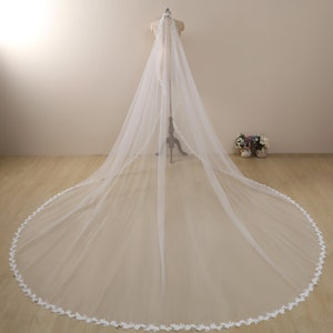 Floral Lace Cathedral Wedding Veil, Soft Tulle, Ivory