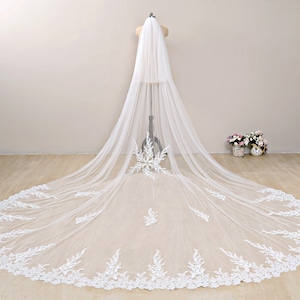 Royal Length Veil Lace, Ivory Floral Bridal Veil,Long Veil with Lace, Cathedral Veil with Sequence, 2 Tier Chapel Length Veil,Bohemian Veil