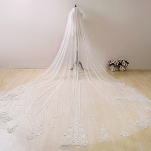 Ivory Wedding Veil Beaded, Sparkle Bridal Veil, Embroidered Bridal Veil, Regal Length Veil with Champagne Lace,Cathedral Wedding Veil Lace,