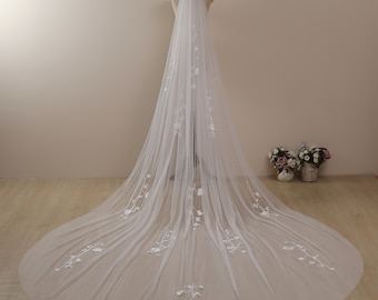 Floral veil,Celestial Flower Wedding Veil Lace Trim Cathedral Veil,Chapel/floor length Veil Bridal Veil Royal Cathedral Veil Custom length