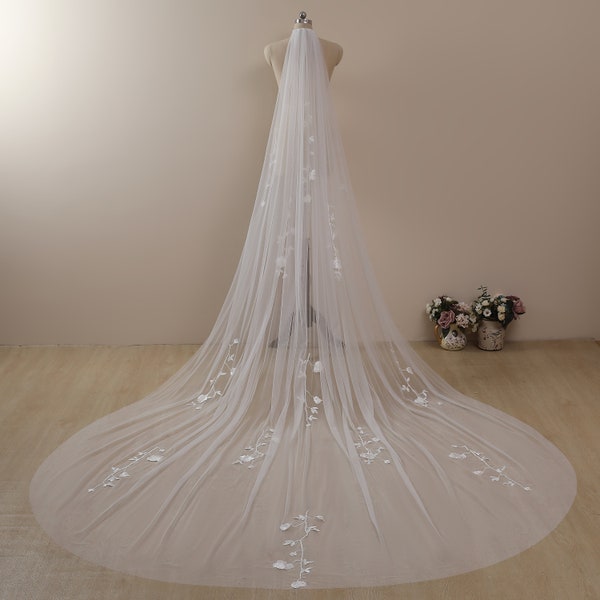 Floral veil,Celestial Flower Wedding Veil Lace Trim Cathedral Veil,Chapel/floor length Veil Bridal Veil Royal Cathedral Veil Custom length