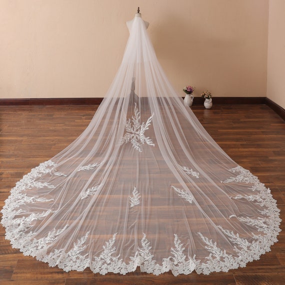 1T Tulle With Flower Cathedral Length Wedding Bridal Veil VV02