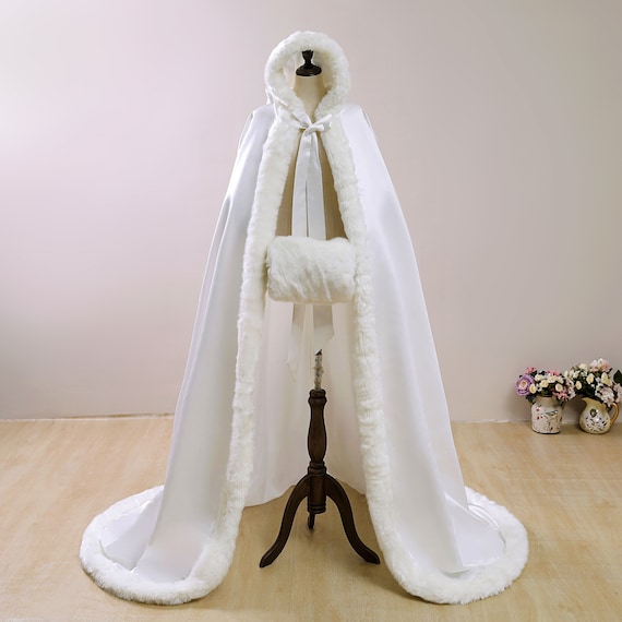 NEW Winter Wedding Cloak Cape Hooded with Fur Trim Long Bridal Winter 