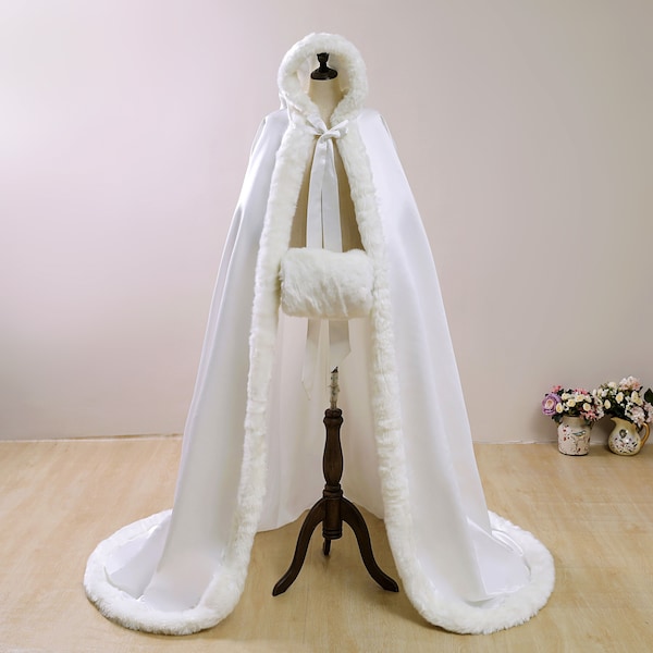 2019 New Bridal Warm Long Wedding Cloak Cape Faux Fur Cape Women Wedding bolero Jacket Bridal Cloaks Bridal Cape Hooded with Faux Fur Trim