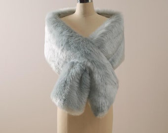 Grey Green Bridal Shawl Fur Bridal Wrap Blue Green Bridesmaid Fur Wrap Dusty Blue Bridesmaid Fur Shawl Winter Wedding Bolero Shrug Fur Stole