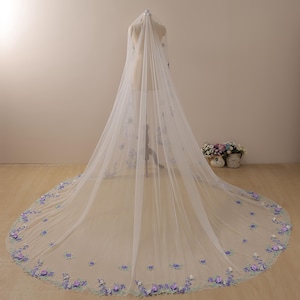 purple lace veil,MarryBridalUS veil,Veil with pearls,Cathedral wedding veil,bridal veil,veil for wedding,Floral Lace Veil soft,long veil