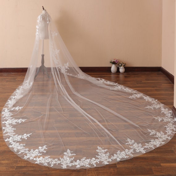 Trailing Floral Lace Cathedral Wedding Veil, Sparkle Tulle  display picture 3