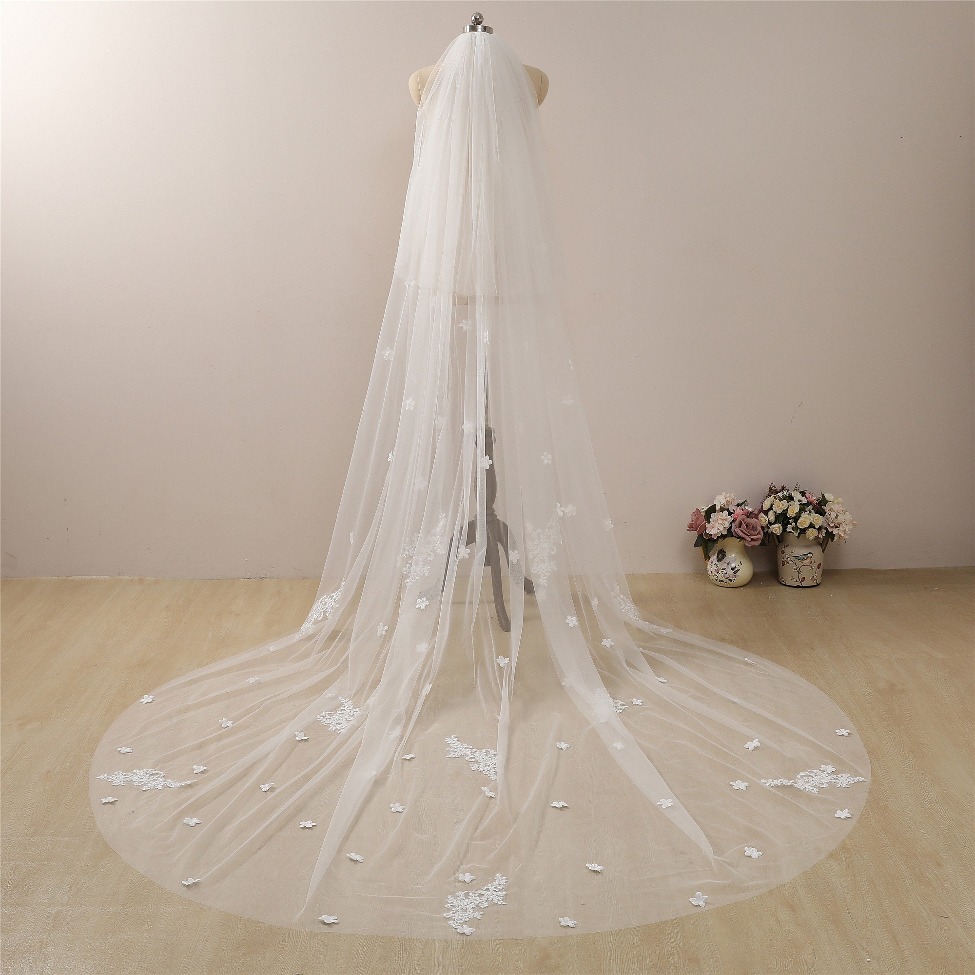 Bohemian Wedding Veil Flowers Blusher Two Tier Veil Lace Etsy