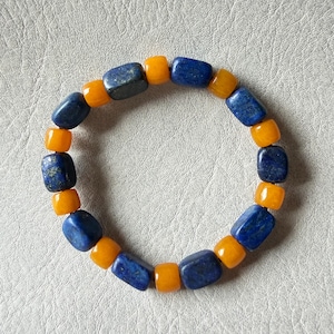 Armband av lapis lazuli och gul jade | Blåorange armband av natursten | Blåorange lagfärger | Gåva till sportfans | Herr Kvinnor Unisex