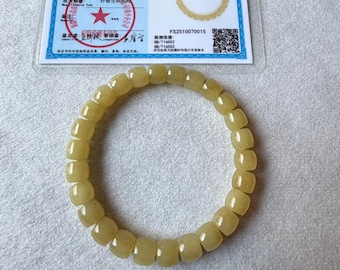 Natural yellow jade barrel shaped beaded bracelet 8.1mm x 7mm handmade certified fits 14.4-15.5 wrist