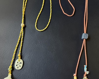 Natural Jade Dual-Pendant Adjustable Lariat Necklace Carved Lotus Pod /Lotus Root Slice Celadon Jade Freeform / Mountain Charm One of a kind