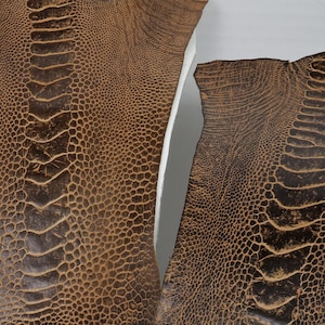 May include: Two pieces of brown ostrich leather with a textured pattern. The leather is cut into irregular shapes.