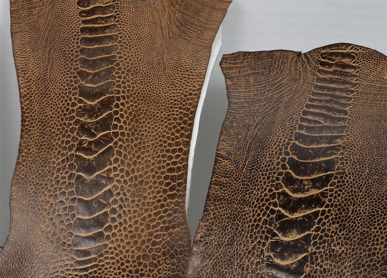 May include: Two pieces of brown ostrich leather with a textured pattern. The leather is cut into irregular shapes.