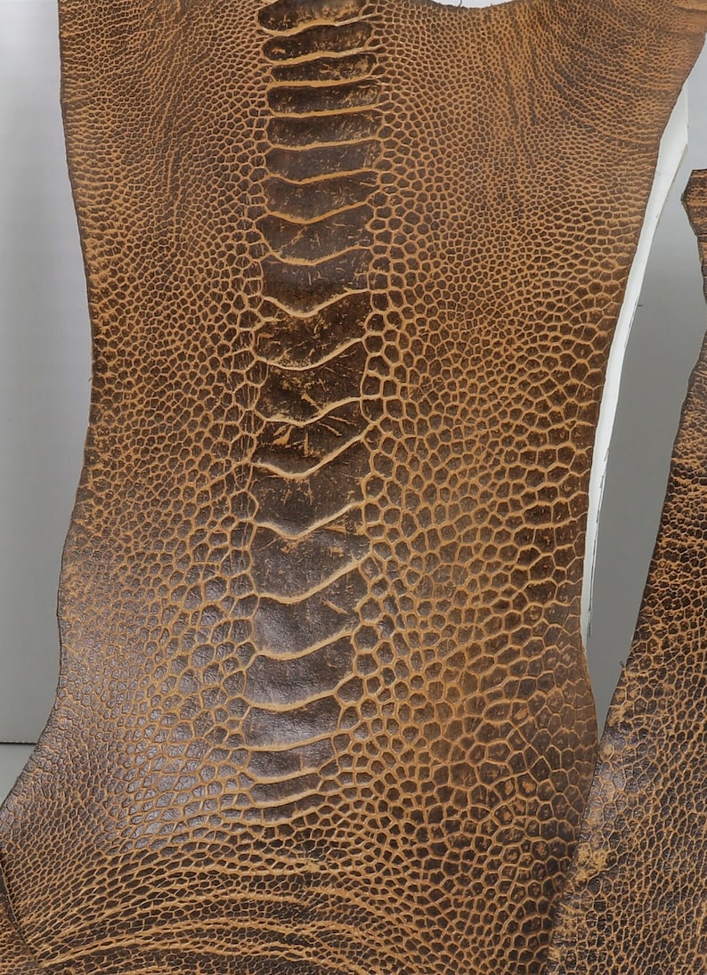 May include: A close-up of a piece of brown ostrich leather with a textured pattern.