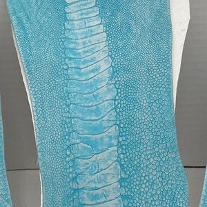 May include: A close-up of a light blue textured leather with a white pattern. The leather has a scaly, reptilian appearance.