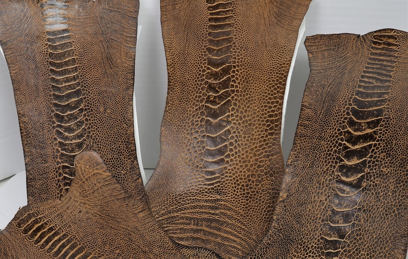 May include: Three pieces of brown ostrich leather with a textured pattern.
