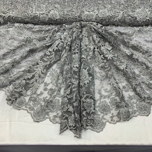 Lace Beaded Mesh Embroidery Fabric By The Yard Hand Made Lace Floral/Flower Design (Silver/Gray)Top Veil Fashion Wedding Prom Dress One Yard