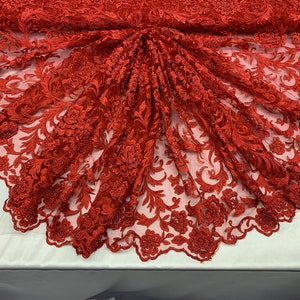 Lace Beaded Mesh Embroidery Fabric By The Yard Hand Made Lace Floral/Flower Design (Red Color) Top Veil Fashion Wedding Prom Dress One Yard