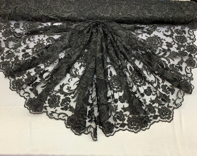 Royalty Fabrics Floral hand beaded design embroider on a mesh lace-prom-sold by the yard. White main image 1