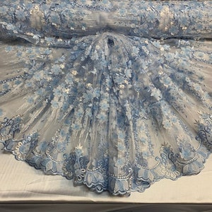 Blue/White Flowers/Floral French Design 3D Embroidered Mesh Lace Fabric By The Yard For Tablecloths,Wedding,Prom,Dress,Night Gowns,Skirts