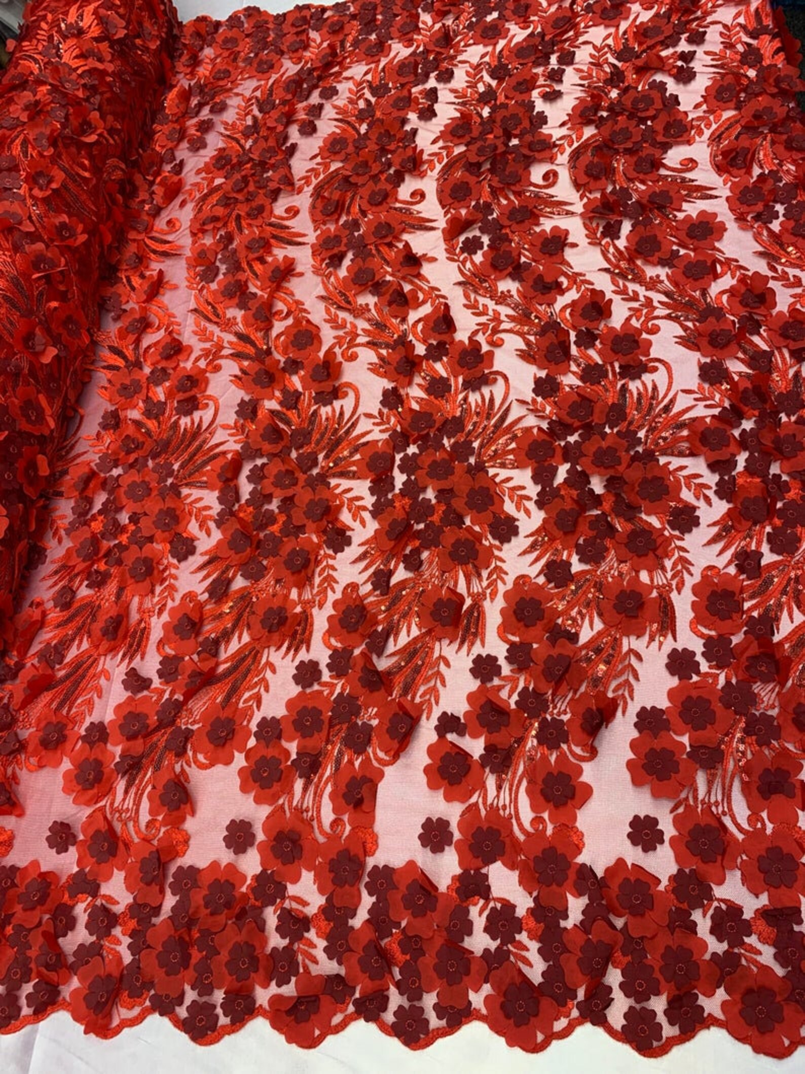Lacityfabric///red//mesh 3D Flowers Fabric Lace Fabric by the Yard/sequins Flowers Embroidery
