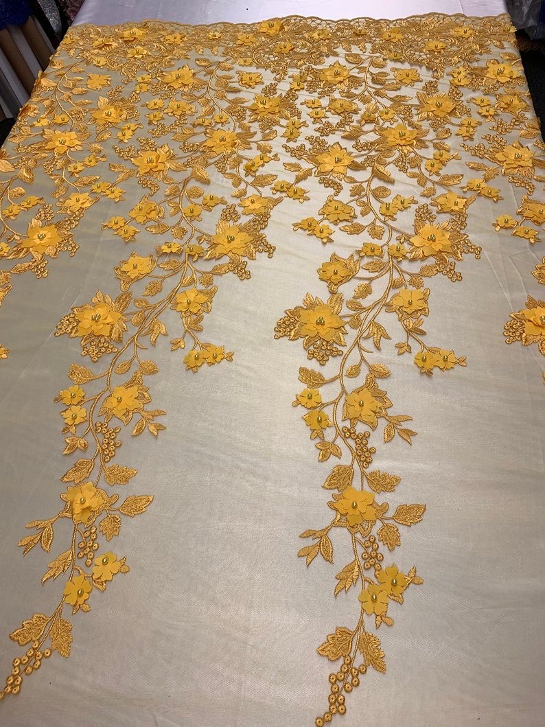 HIGH QUALITY Beaded Lace Embroidery Mesh Lace Fabric By The Yard Handmade Floral Lace 3D Flowers Design With Beads And Pearls Yellow .