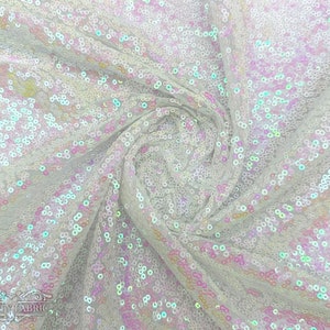 Iridescent White Pink All over Mini Sequin Fabric By The Yard | On Tulle Mesh Fabric | For Dresses, Tablecloth and more